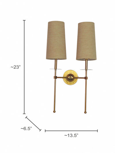 Modern Long Arms Antique Gold Double Wall Light with Beige Fabric Shades