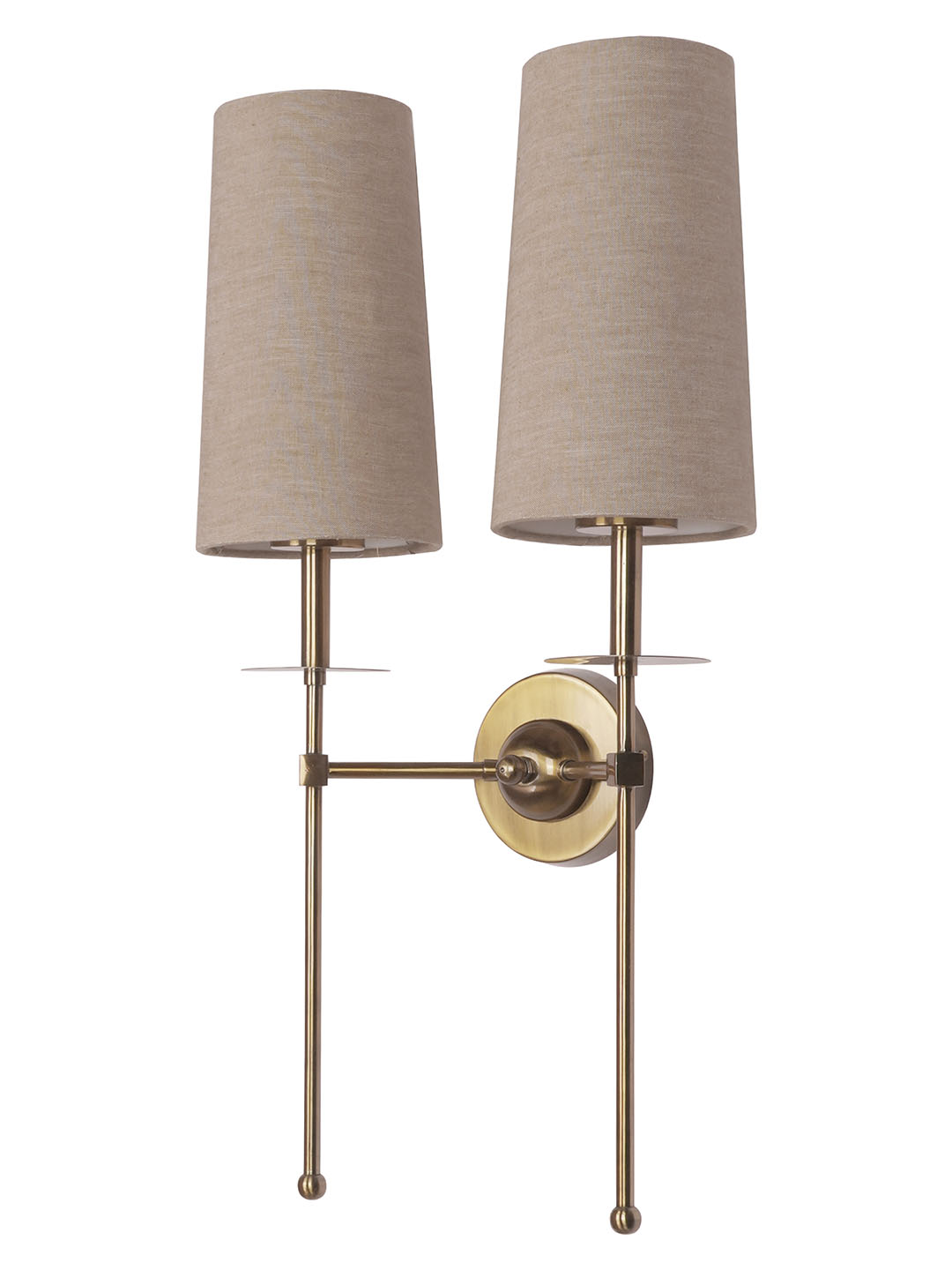 Modern Long Arms Antique Gold Double Wall Light with Beige Fabric Shades