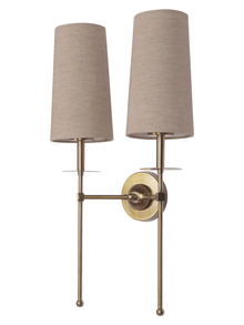 Modern Long Arms Antique Gold Double Wall Light with Beige Fabric Shades
