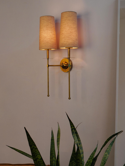 Modern Long Arms Antique Gold Double Wall Light with Beige Fabric Shades