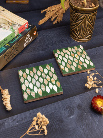 MOP Green Coasters Set of 2 – Elegant Mother of Pearl Drink Coasters for Home & Office Décor