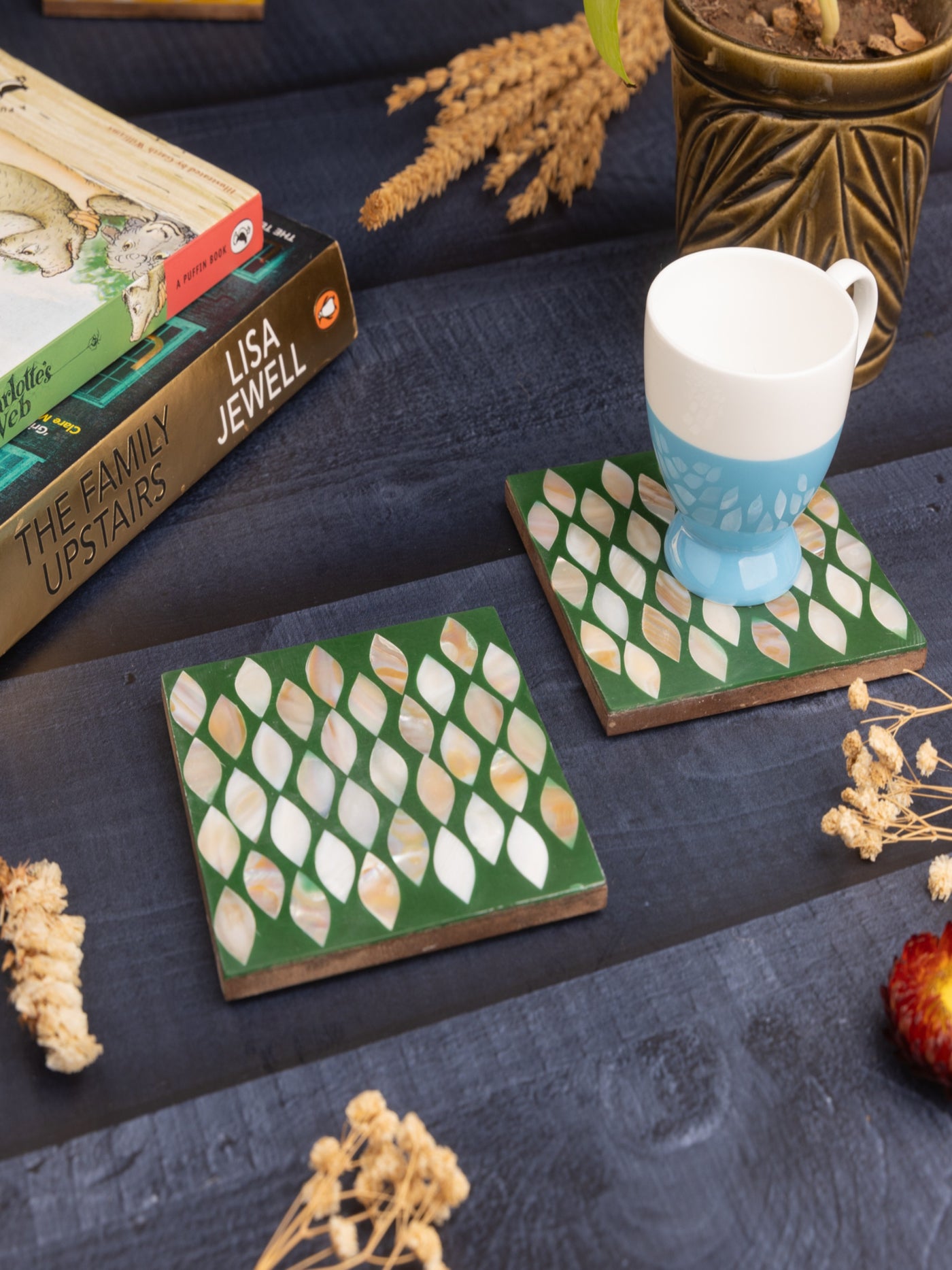 MOP Green Coasters Set of 2 – Elegant Mother of Pearl Drink Coasters for Home & Office Décor