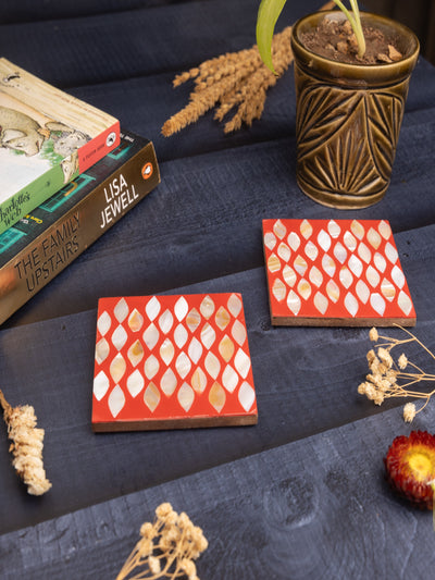 MOP Red Coasters Set of 2 – Elegant Mother of Pearl Drink Coasters for Home & Office Décor