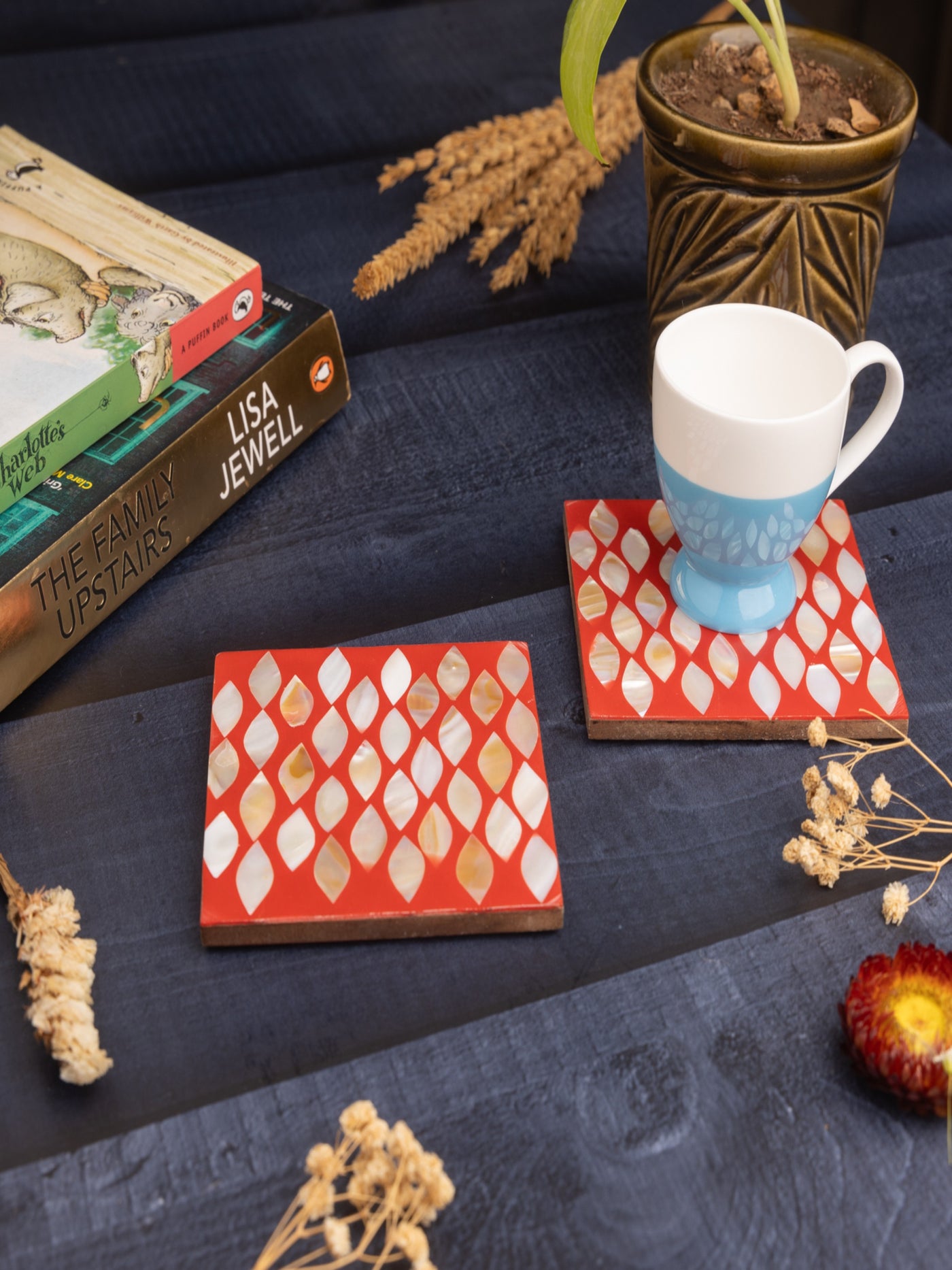 MOP Red Coasters Set of 2 – Elegant Mother of Pearl Drink Coasters for Home & Office Décor