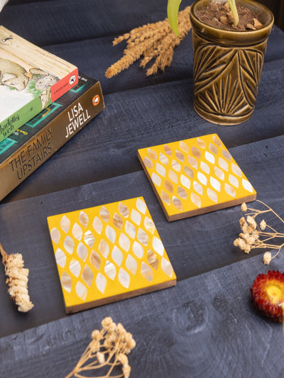 MOP Yellow Coasters Set of 2 – Elegant Mother of Pearl Drink Coasters for Home & Office Décor