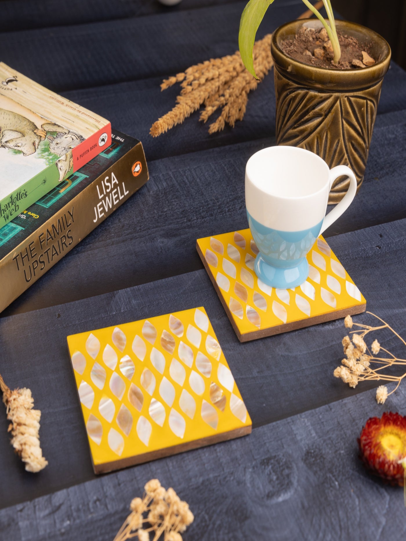 MOP Yellow Coasters Set of 2 – Elegant Mother of Pearl Drink Coasters for Home & Office Décor