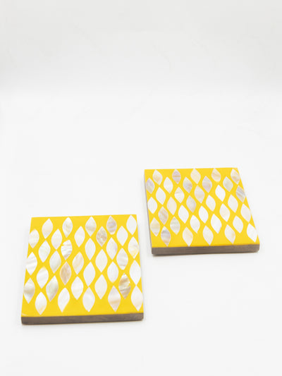 MOP Yellow Coasters Set of 2 – Elegant Mother of Pearl Drink Coasters for Home & Office Décor