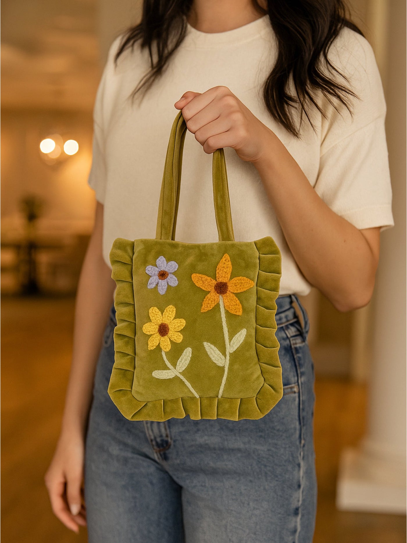 Olive Bloom Velvet Mini Tote