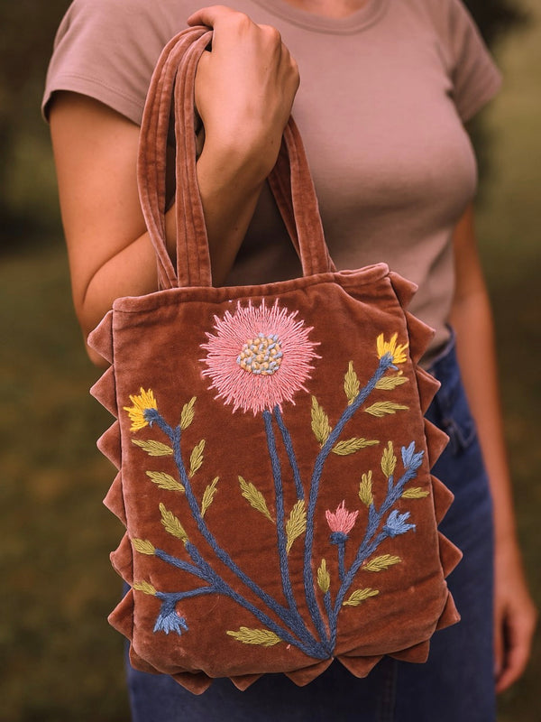 Brown Bloom Velvet Mini Tote