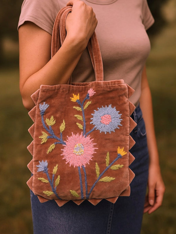 Brown Bloom Velvet Mini Tote