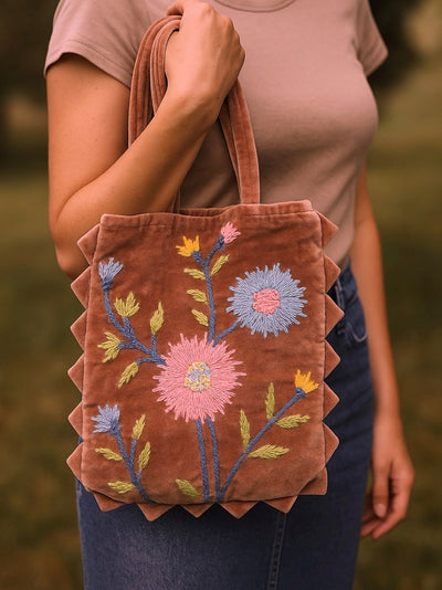 Brown Bloom Velvet Mini Tote