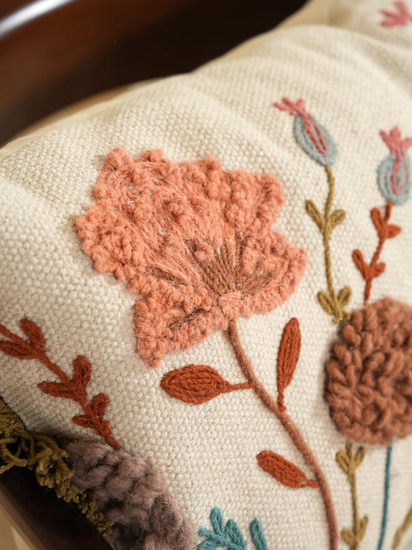 Boho Botanical Embroidered Pillow Cover