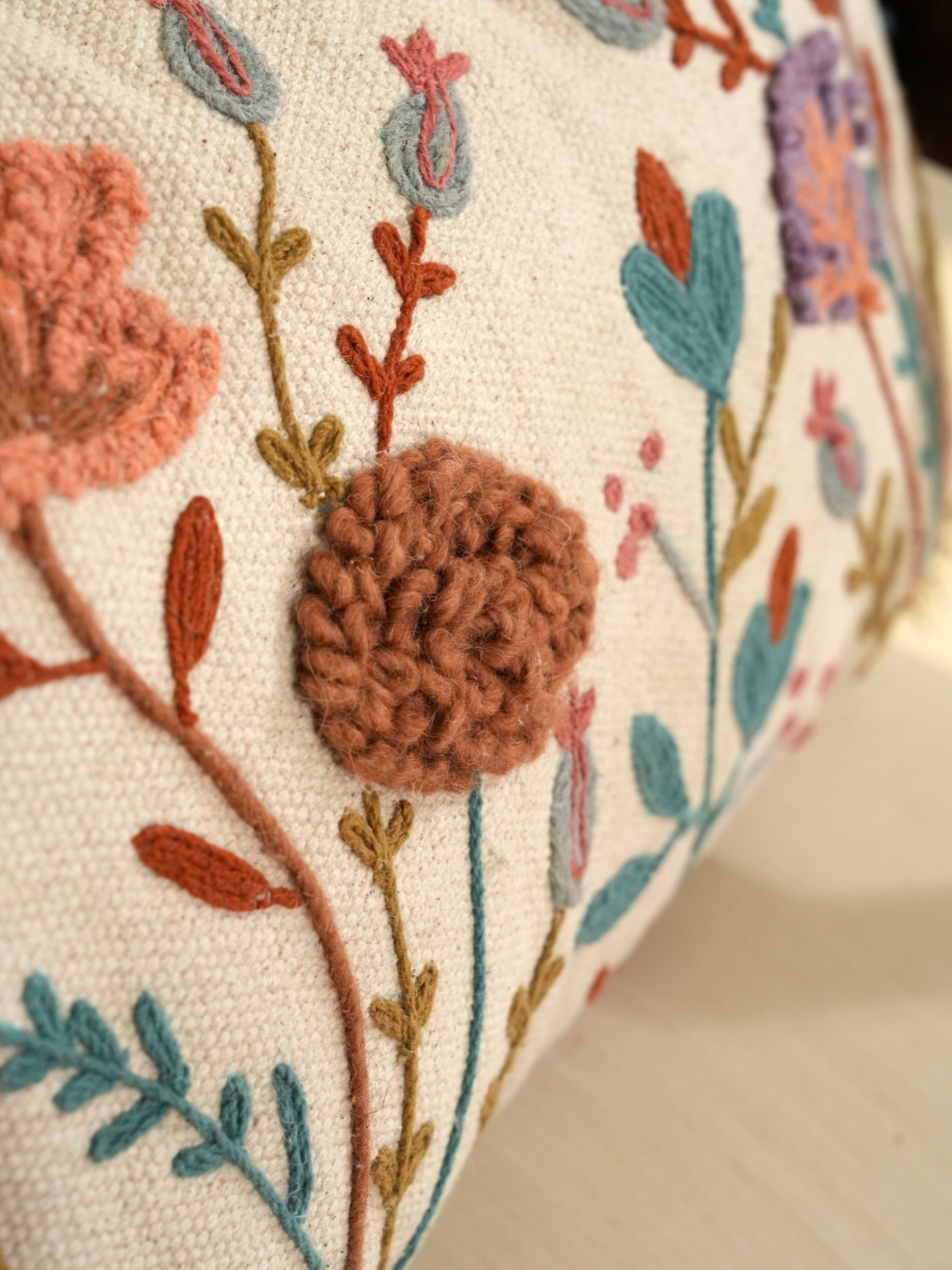Boho Botanical Embroidered Pillow Cover
