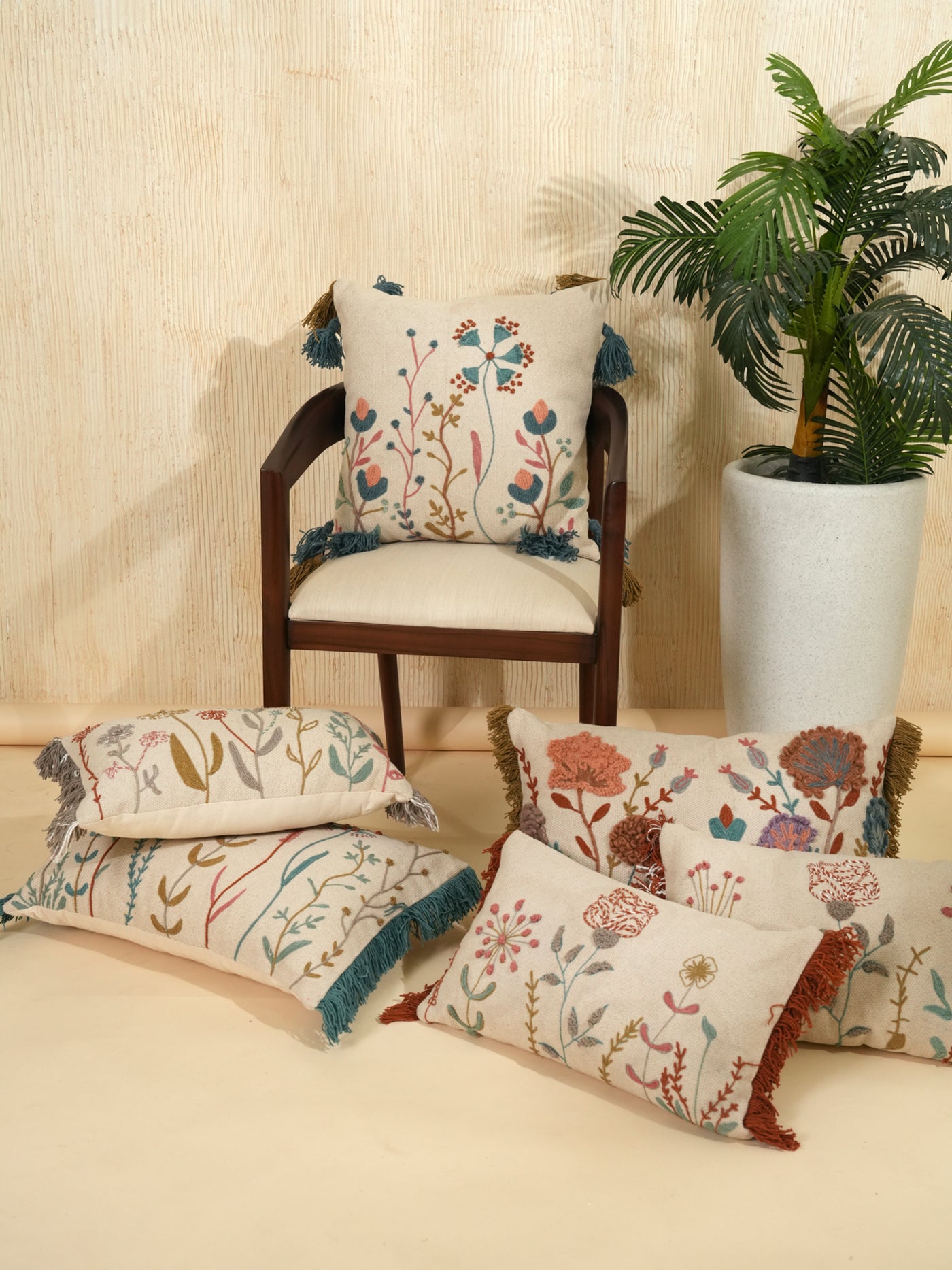 Floral Serenity Embroidered Pillow Cover
