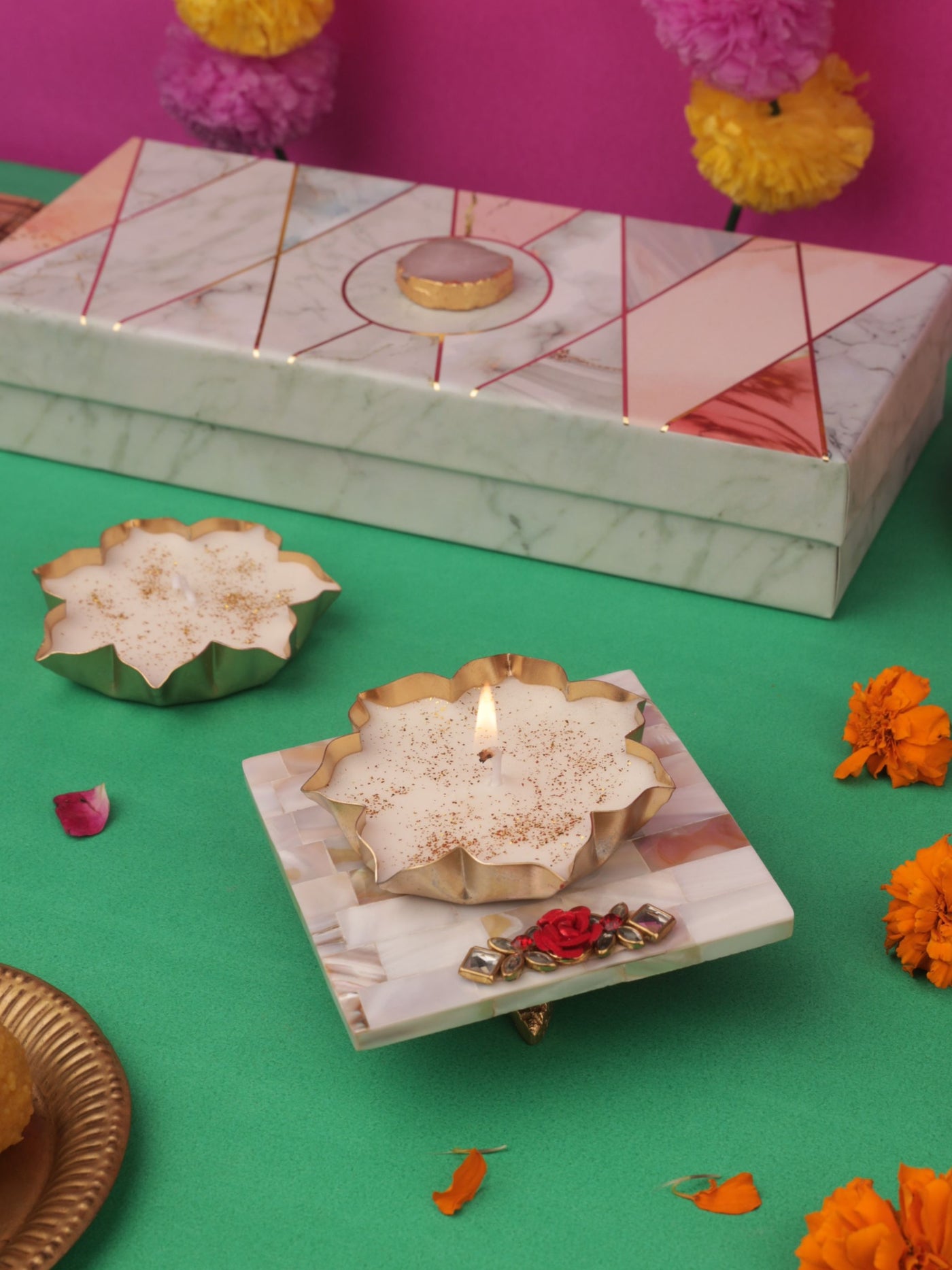 Mother Of Pearl Square Pooja Chowki With 2 Metal Votive Candle