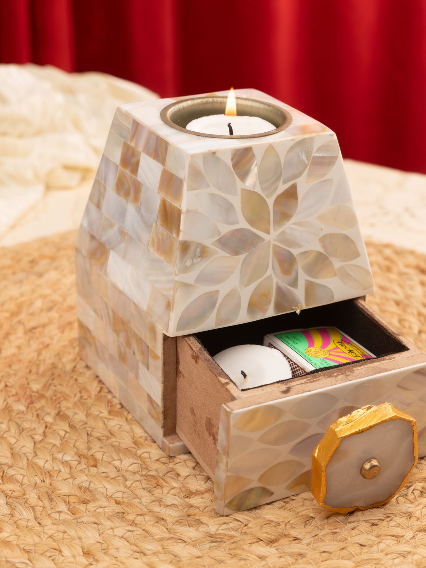 Mother Of Pearl Tealight Holder With Small Drawer