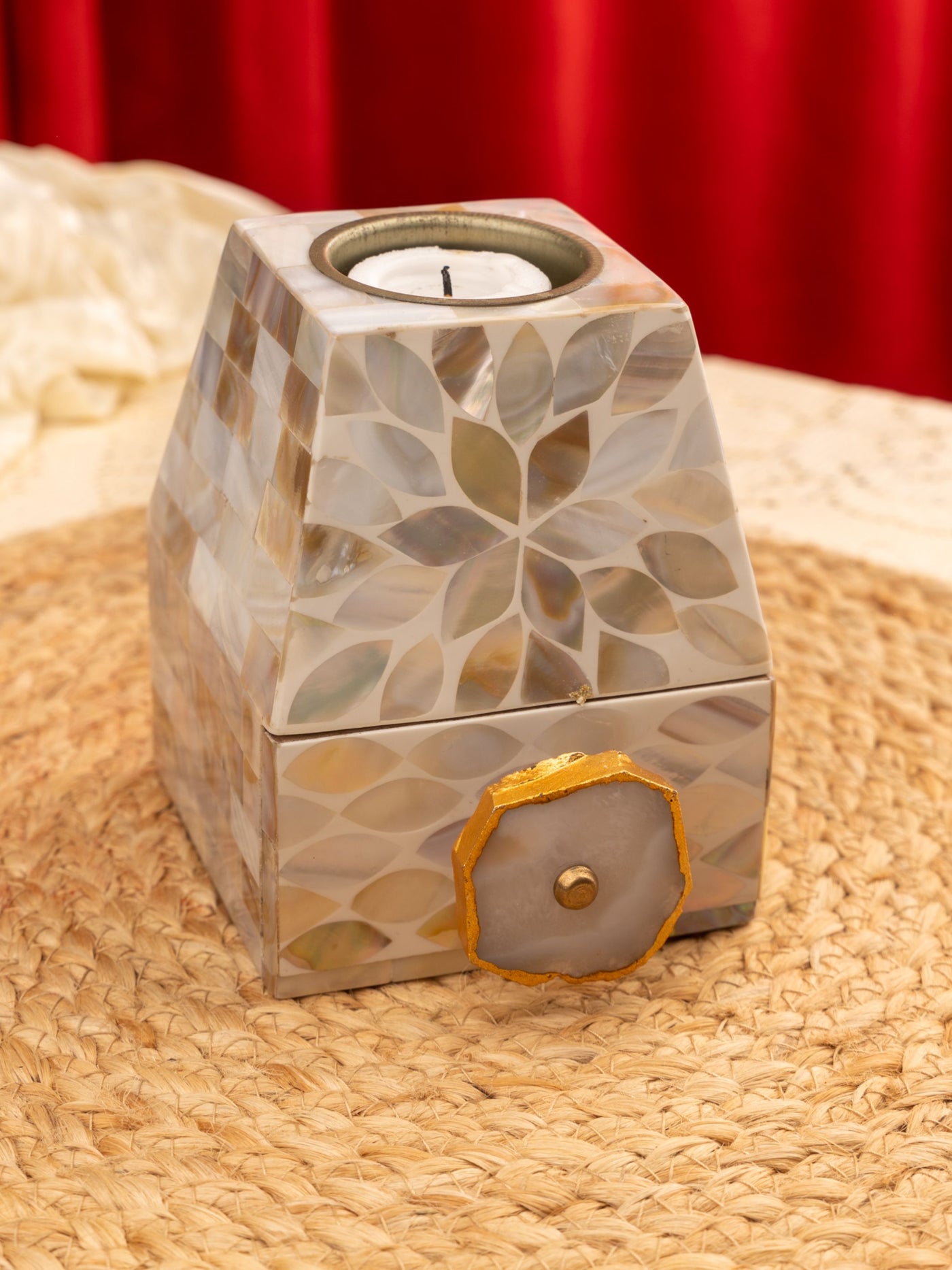 Mother Of Pearl Tealight Holder With Small Drawer