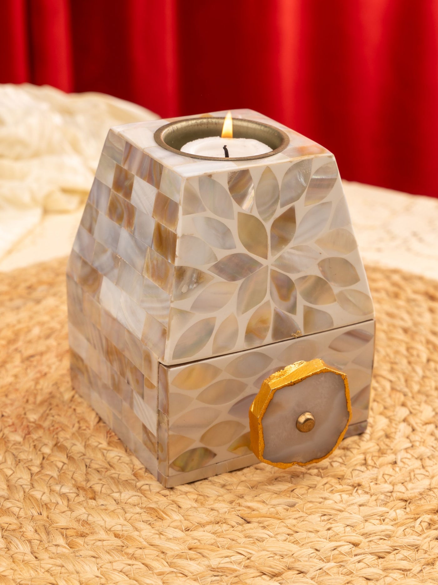 Mother Of Pearl Tealight Holder With Small Drawer