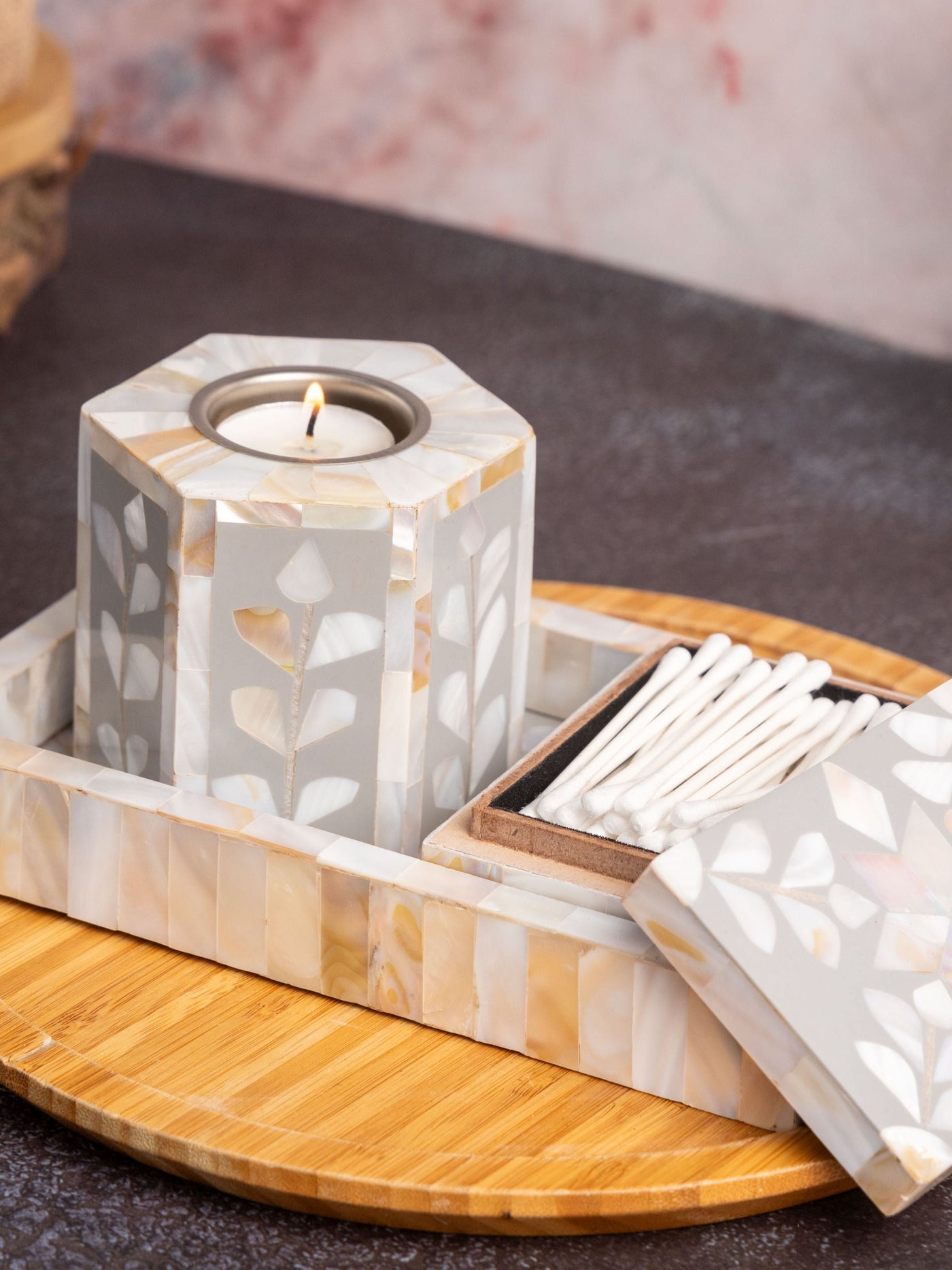 Mother Of Pearl Tealight Holder With Tray And Small Box Set Of 3