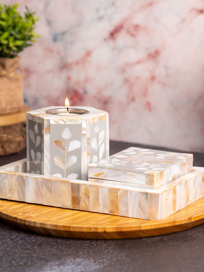 Mother Of Pearl Tealight Holder With Tray And Small Box Set Of 3