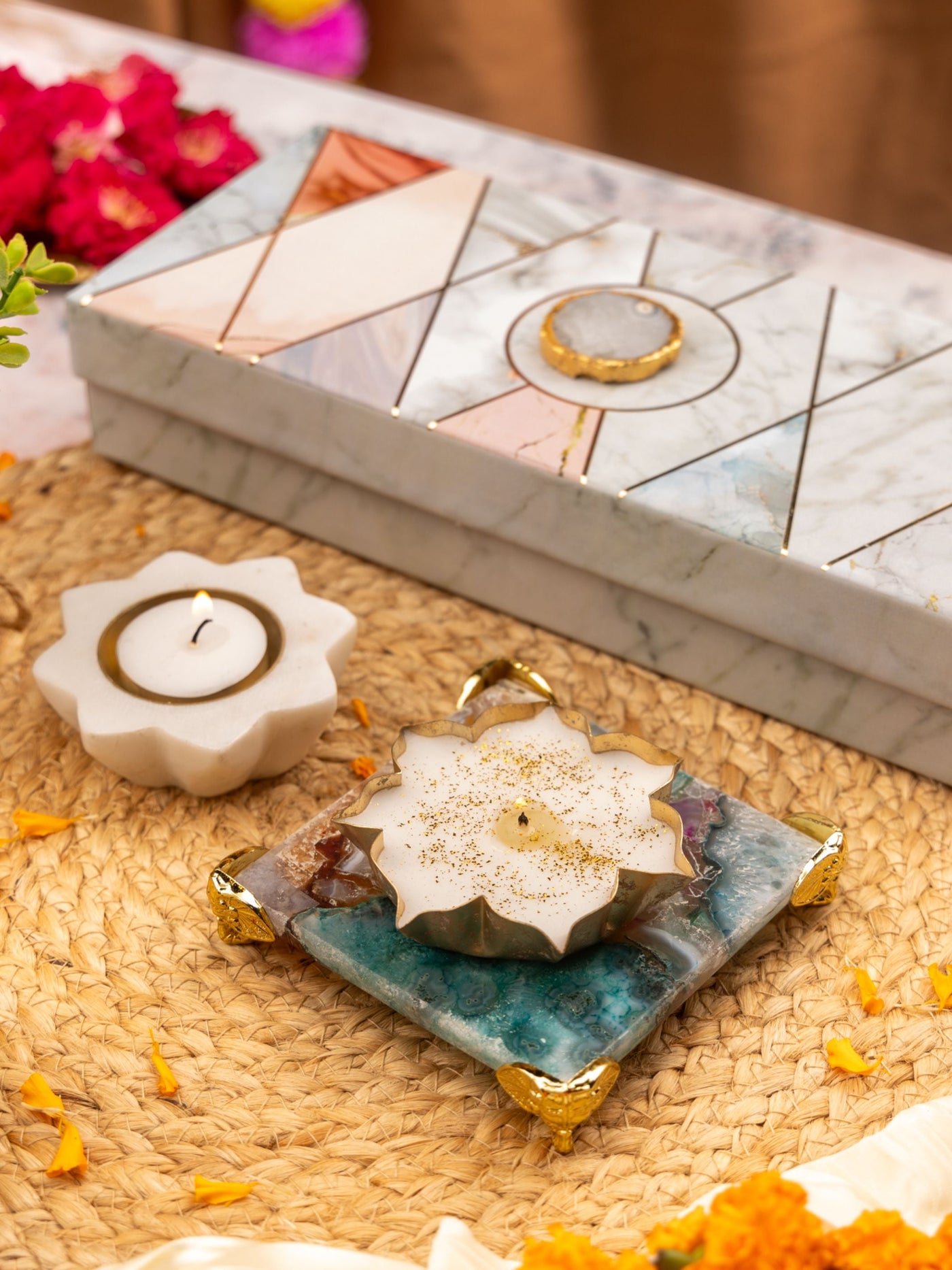 Multicolor Agate Chowki With Brass Diya Bowl And Metal Votive Candle