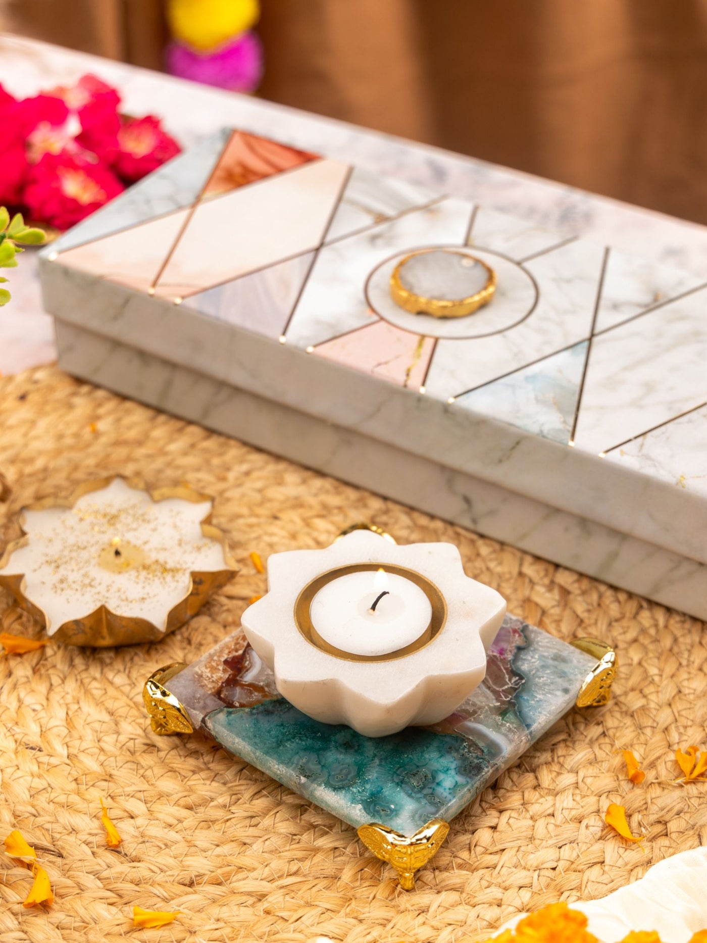 Multicolor Agate Chowki With Brass Diya Bowl And Metal Votive Candle