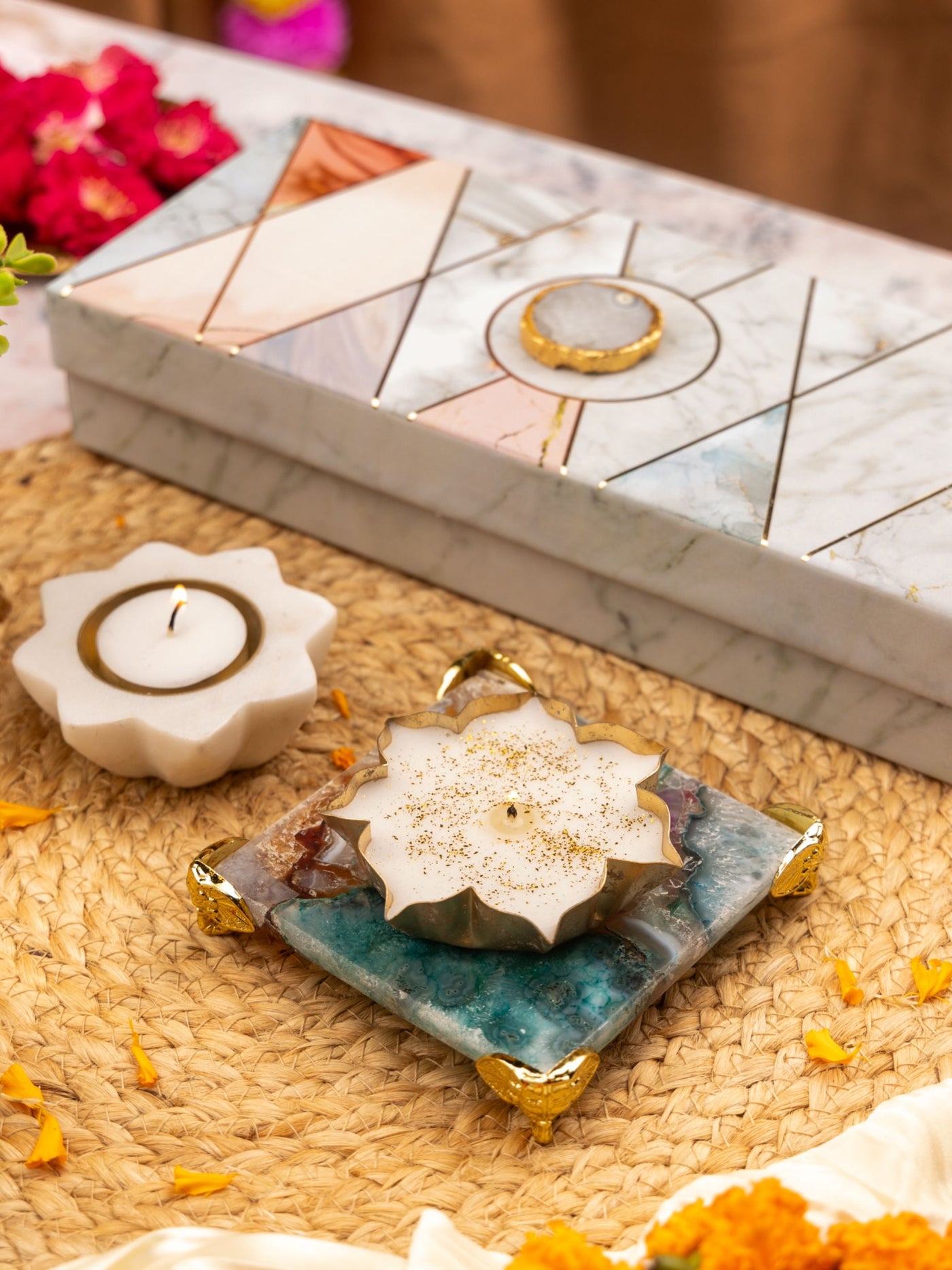 Multicolor Agate Chowki With Brass Diya Bowl And Metal Votive Candle