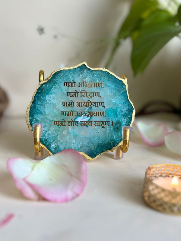 Namokar Mantra Metal Holder with Green Agate
