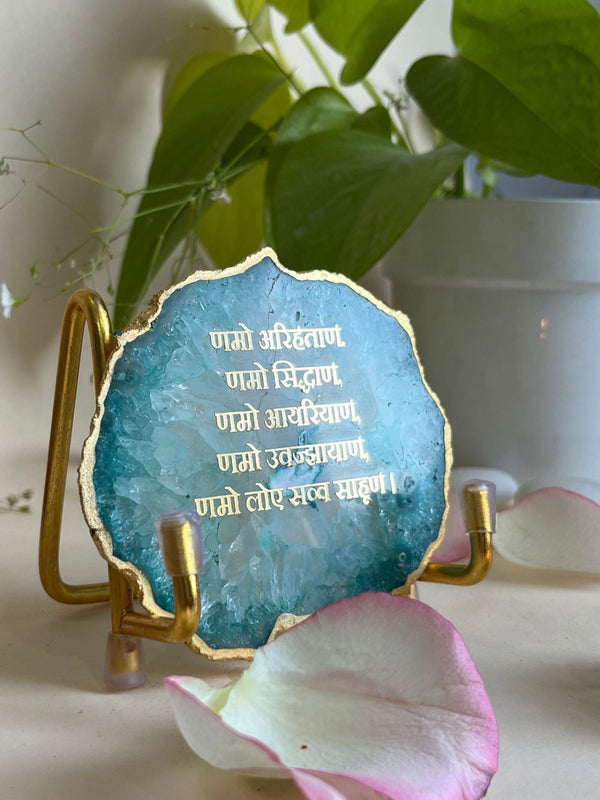 Namokar Mantra Metal Holder with Green Agate