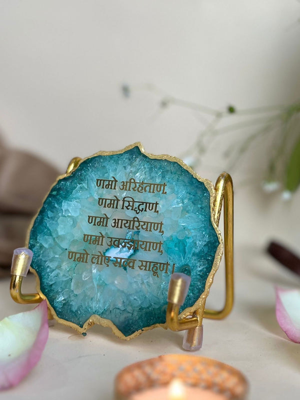 Namokar Mantra Metal Holder with Green Agate
