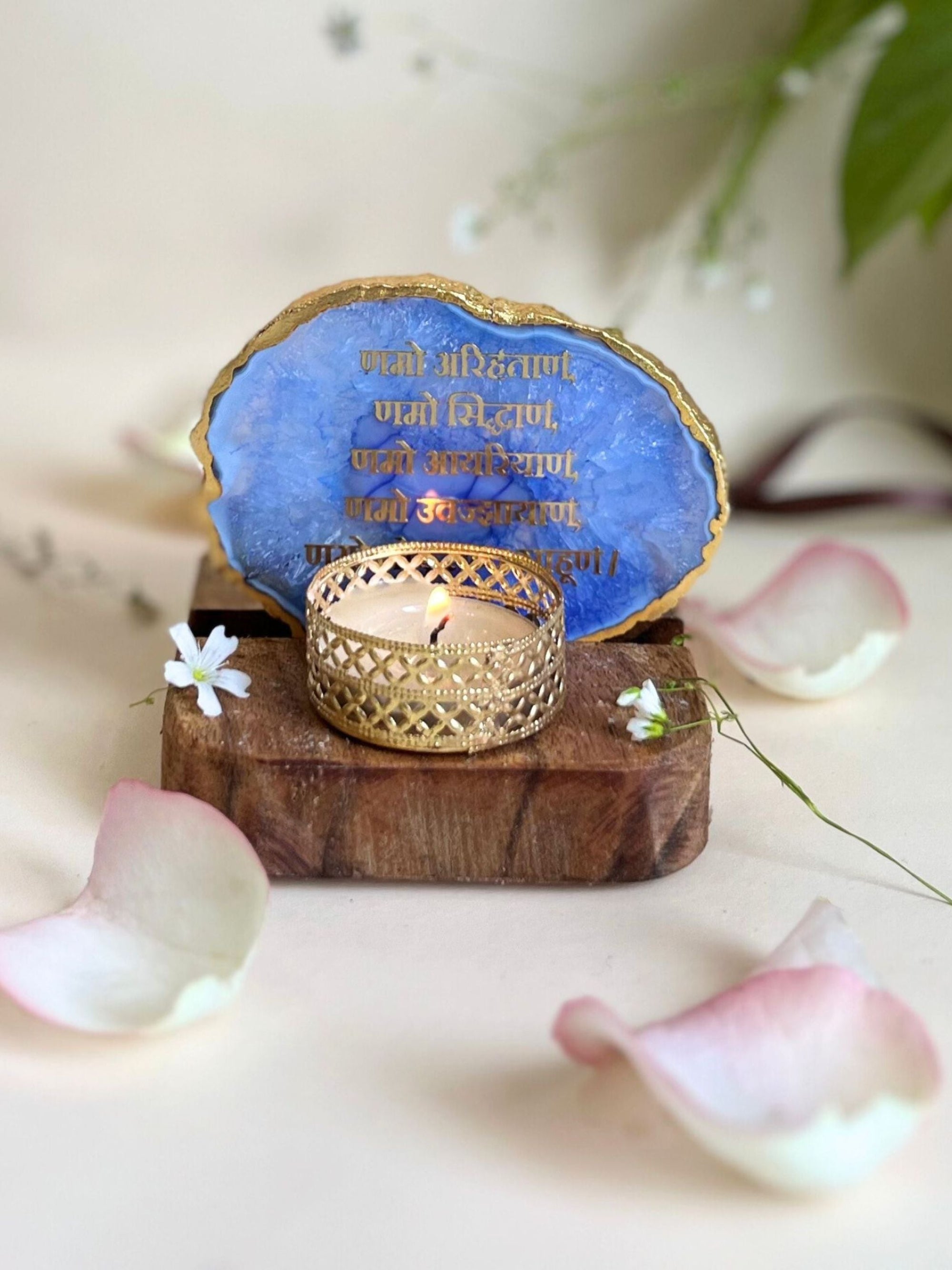 Namokar Mantra Tea Light Holder- Agate with Wood