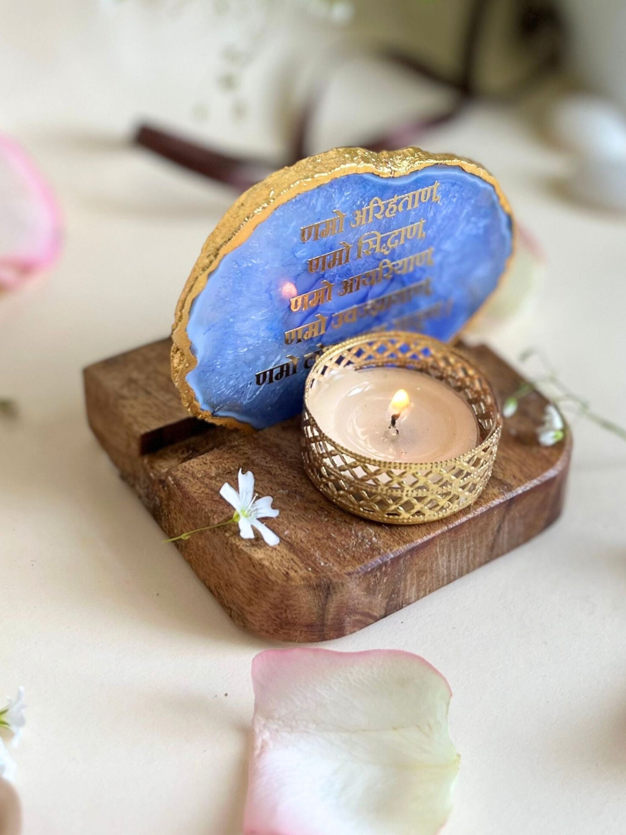 Namokar Mantra Tea Light Holder- Agate with Wood
