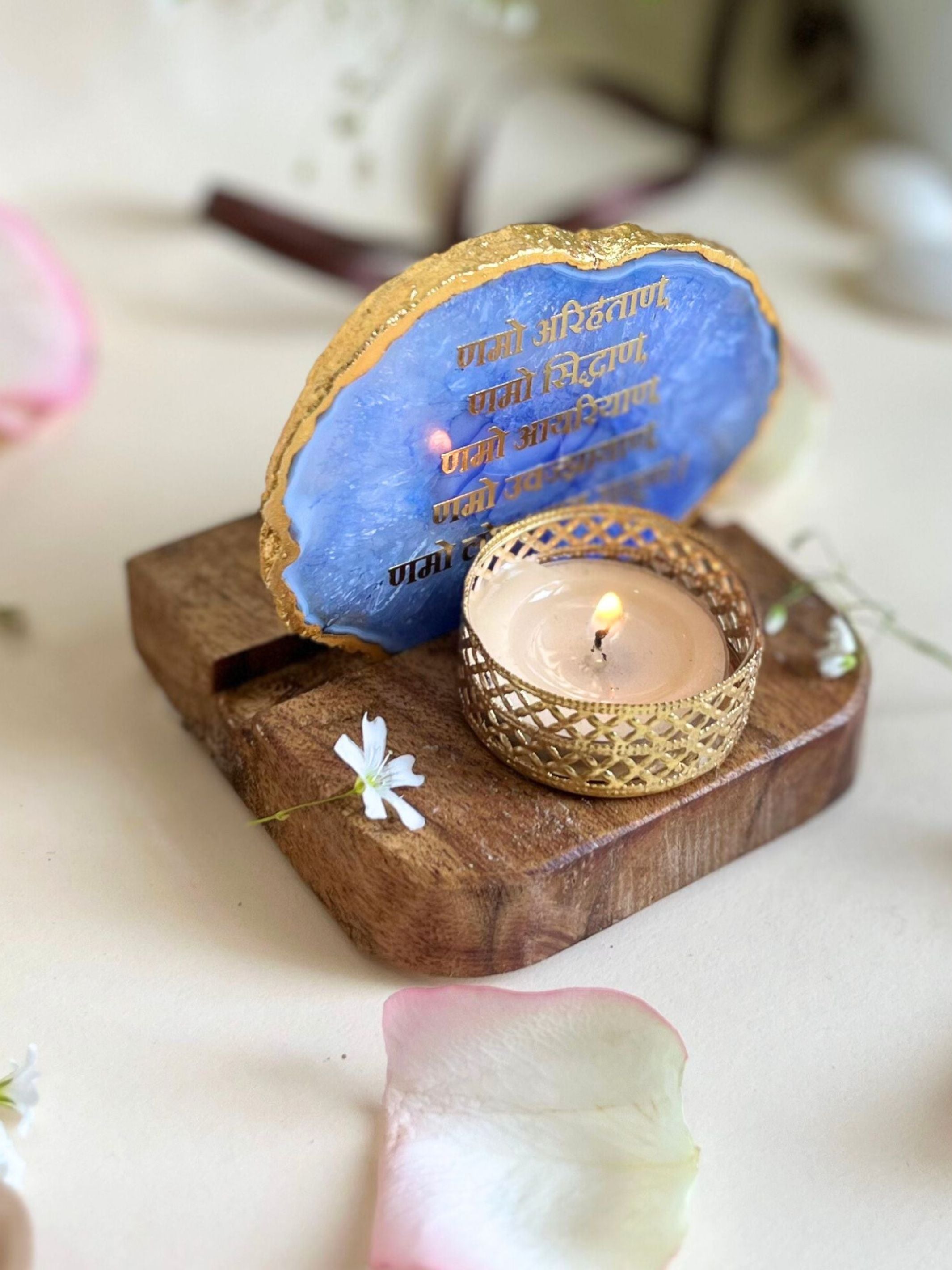 Namokar Mantra Tea Light Holder- Agate with Wood