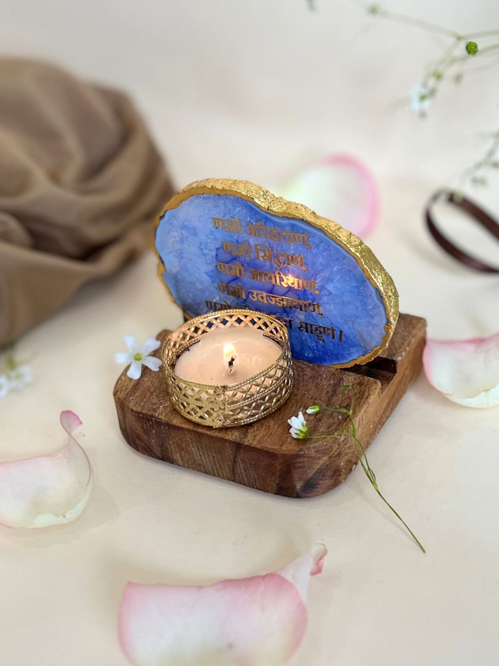 Namokar Mantra Tea Light Holder- Agate with Wood