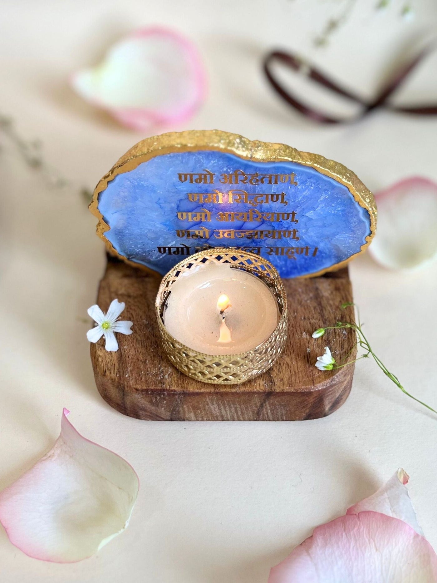 Namokar Mantra Tea Light Holder Blue Agate with Wood