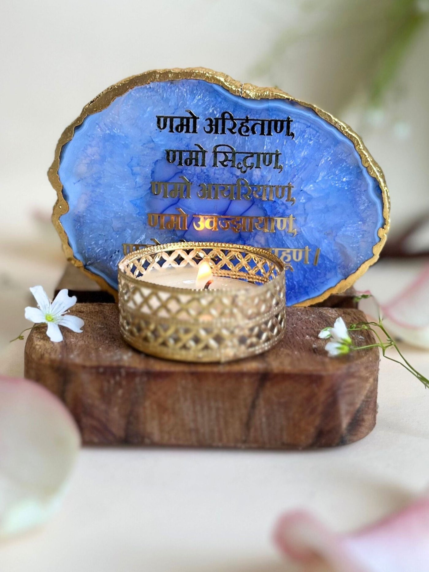Namokar Mantra Tea Light Holder Blue Agate with Wood