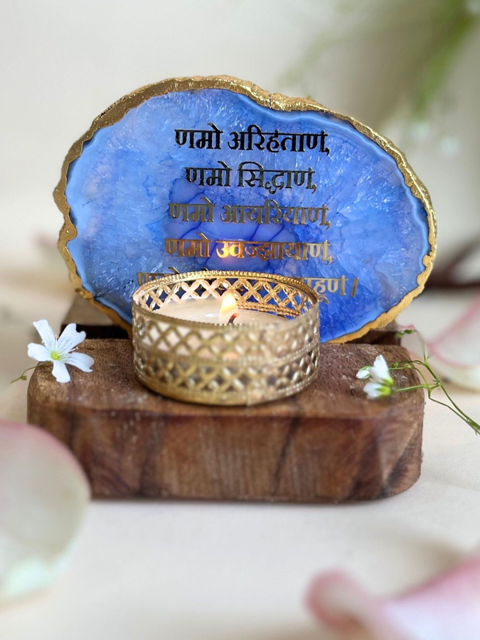 Namokar Mantra Tea Light Holder- Agate with Wood