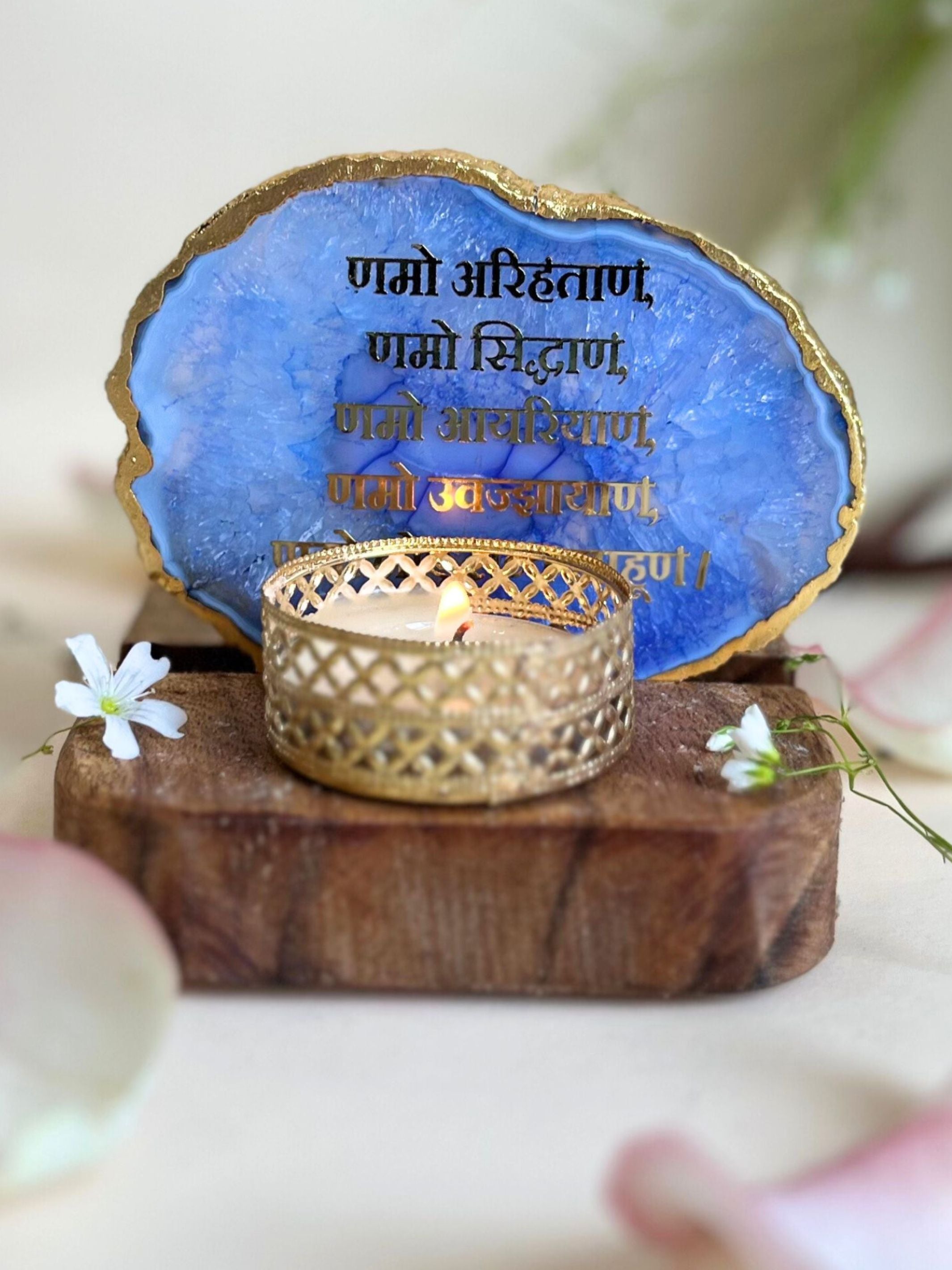 Namokar Mantra Tea Light Holder- Agate with Wood