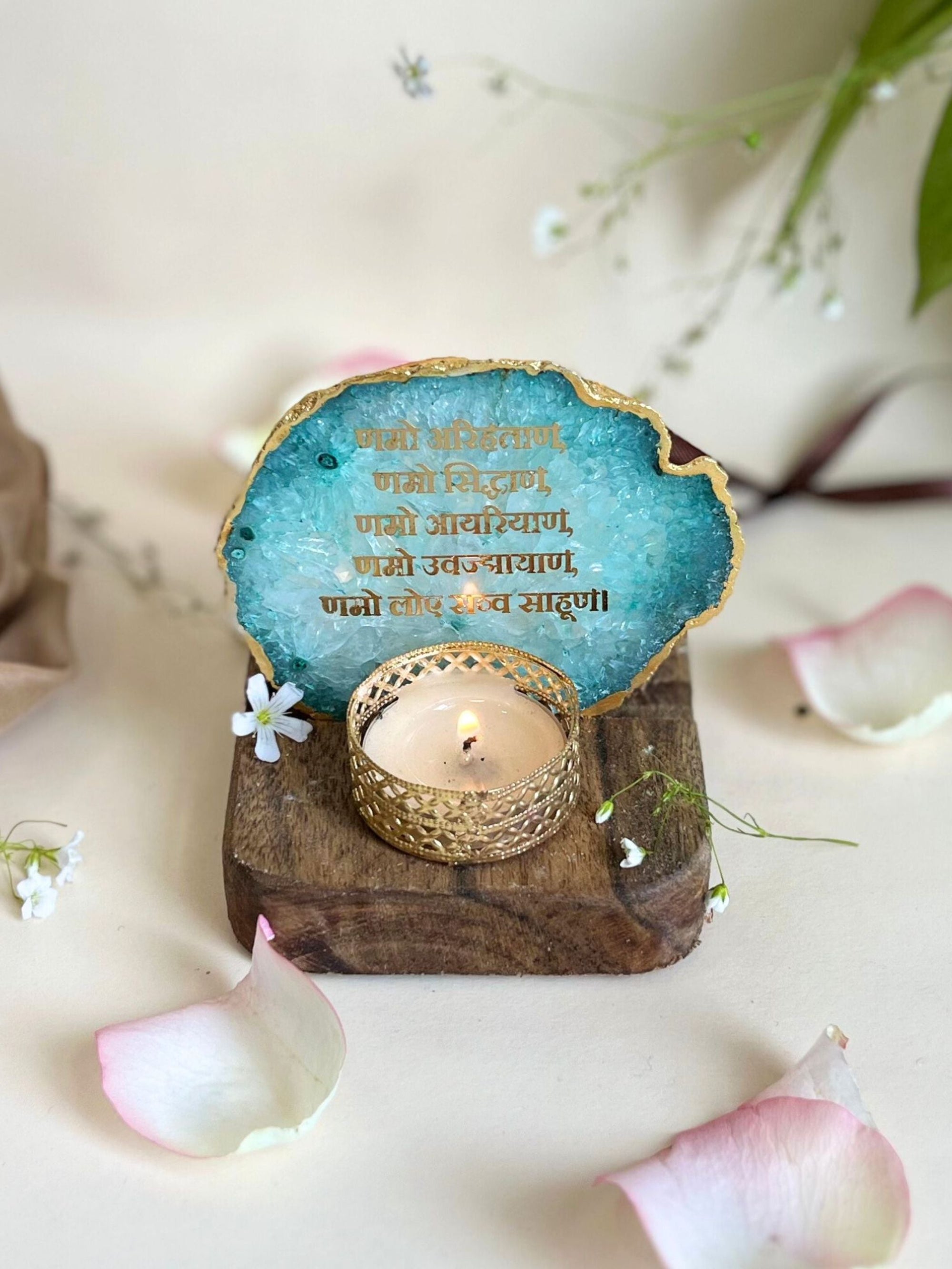 Namokar Mantra Tea Light Holder- Agate with Wood