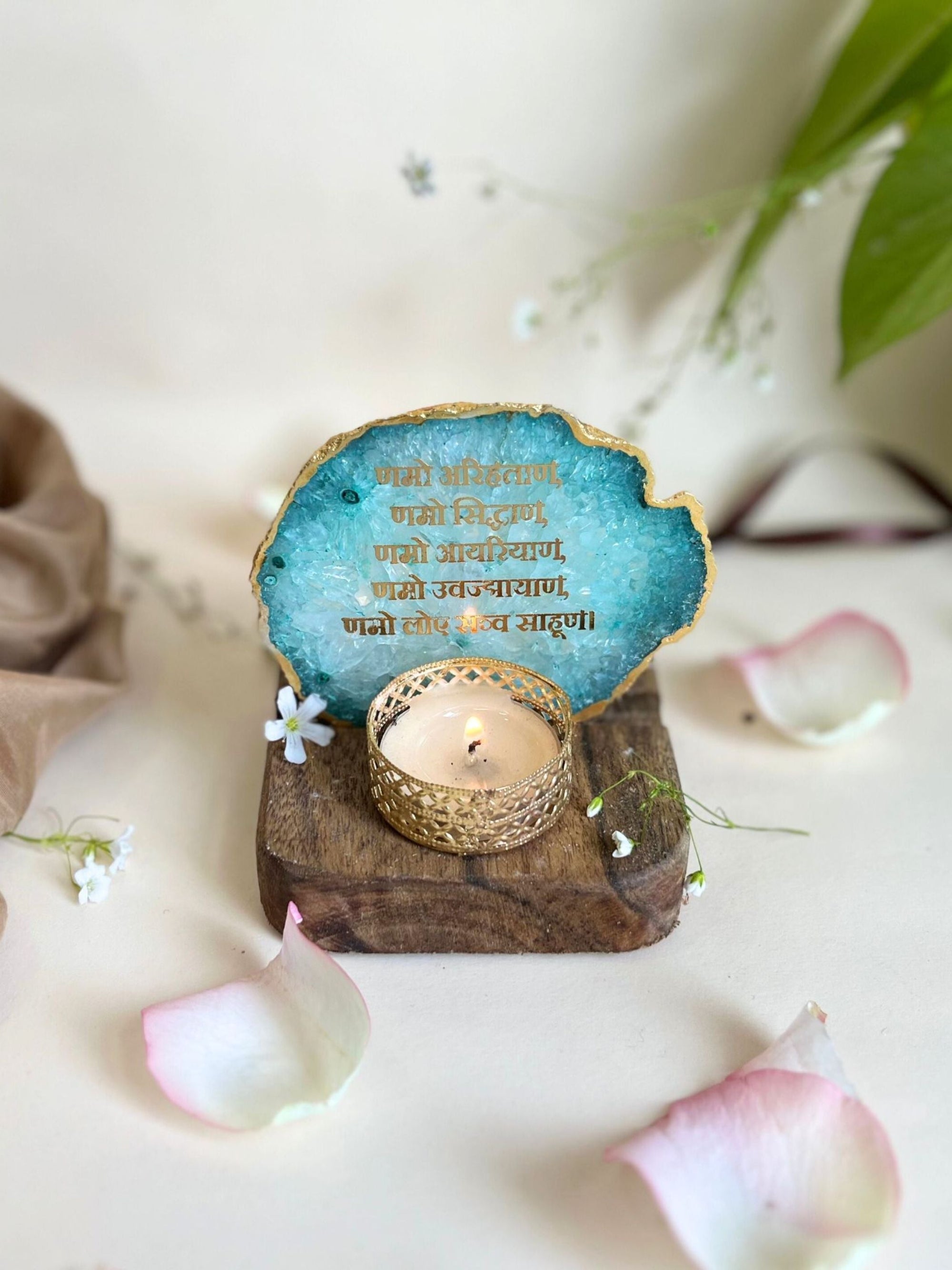Namokar Mantra Tea Light Holder- Agate with Wood
