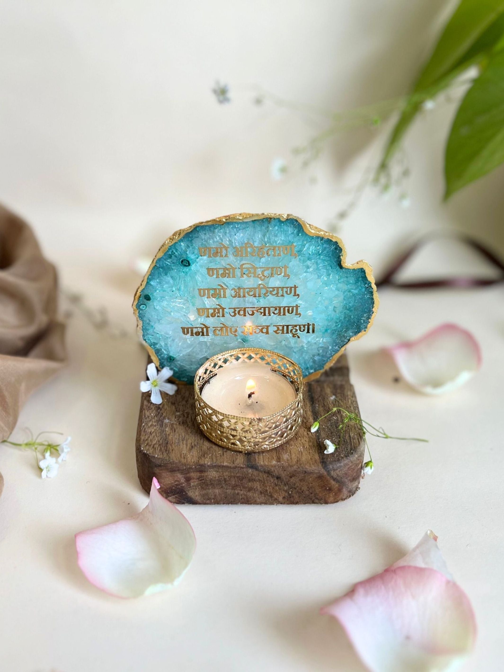 Namokar Mantra Tea Light Holder- Agate with Wood