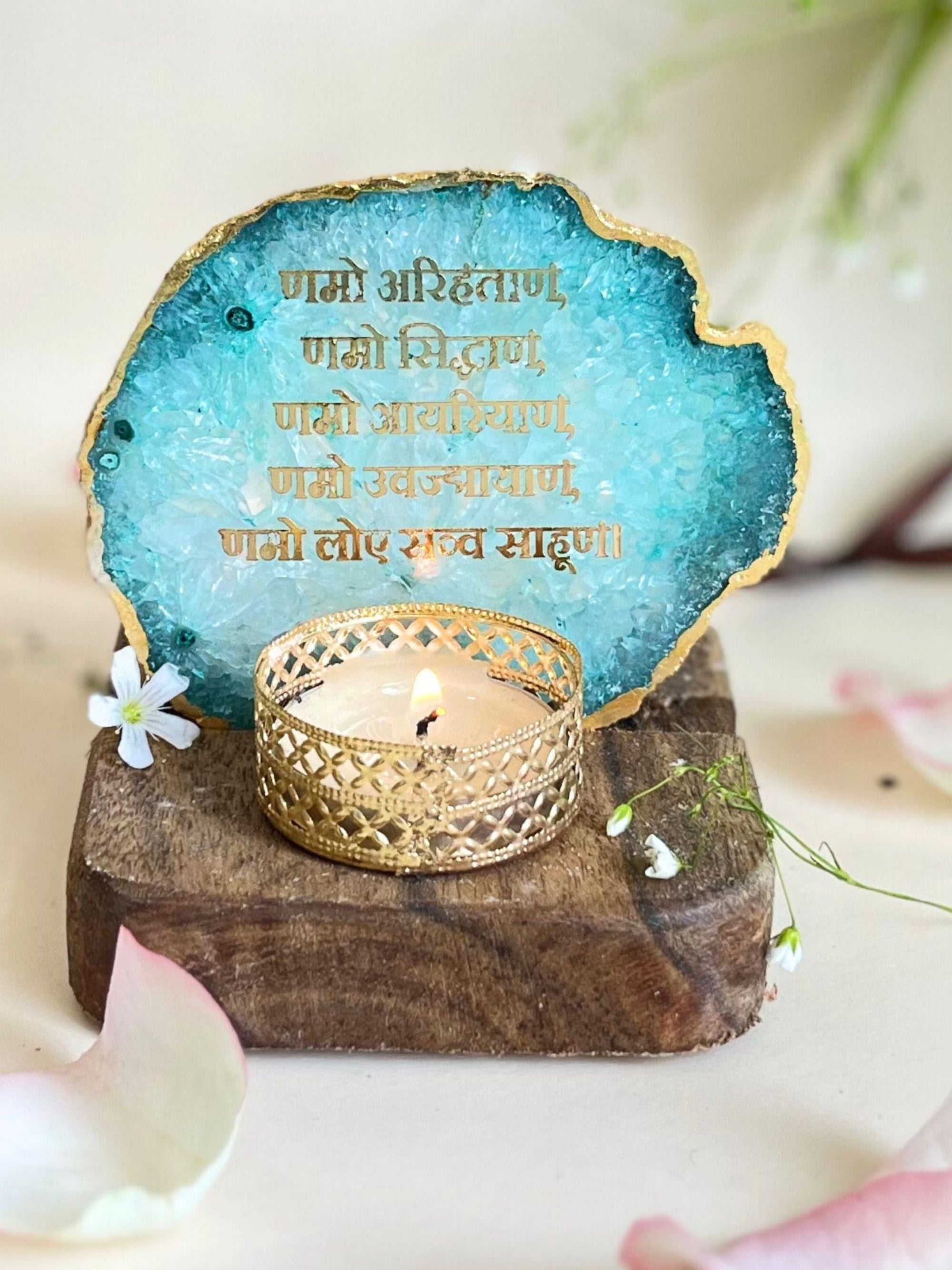 Namokar Mantra Tea Light Holder- Agate with Wood