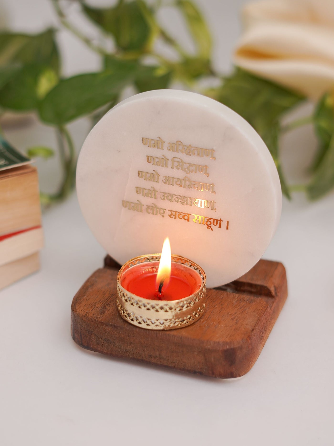Tea Light Holder - Marble & Wood with Namokar Mantra