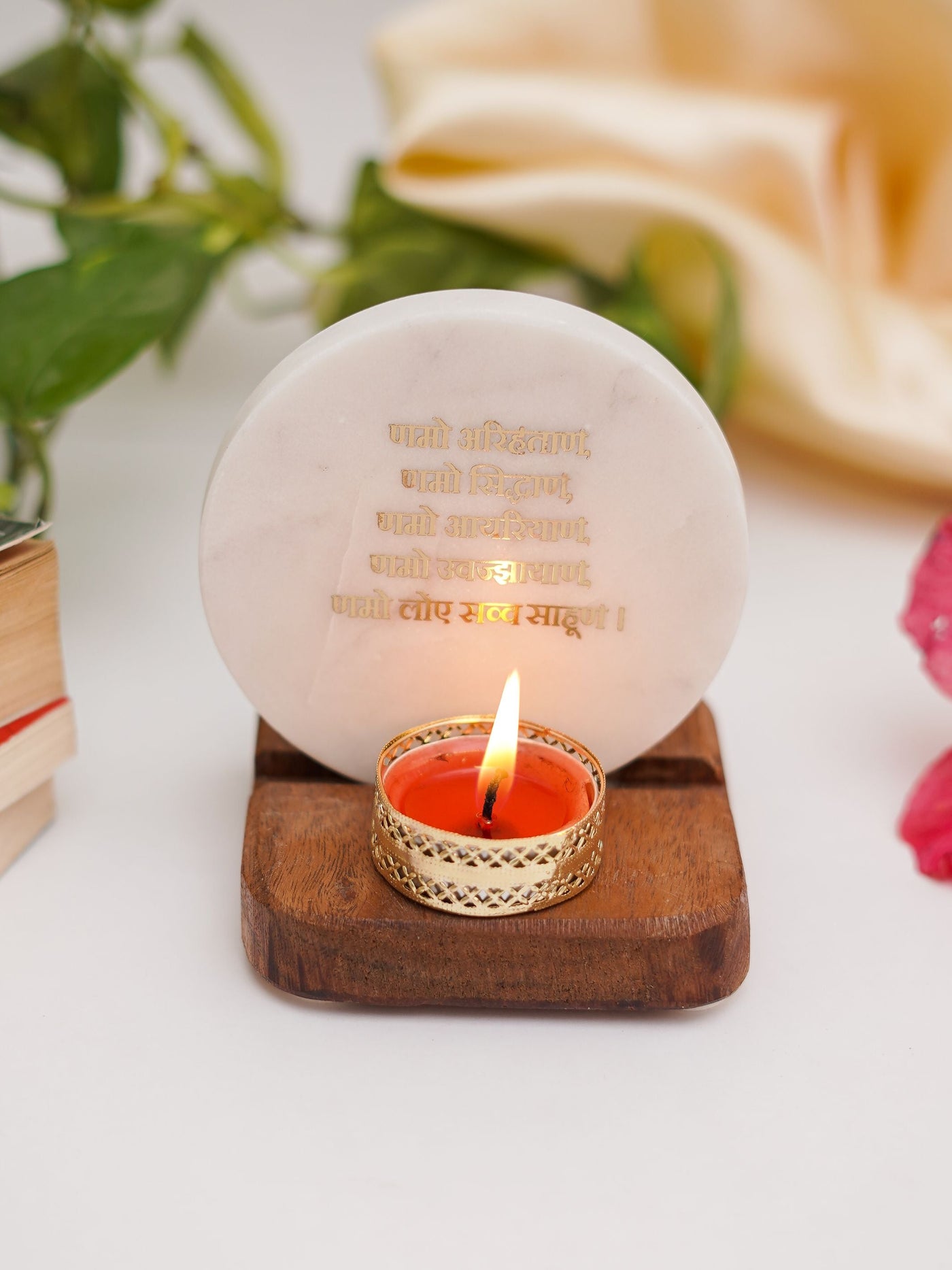 Tea Light Holder - Marble & Wood with Namokar Mantra
