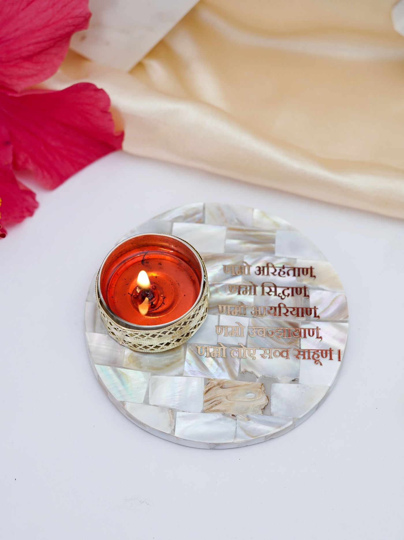 Tea Light Holder - Mother of Pearl with Namokar Mantra