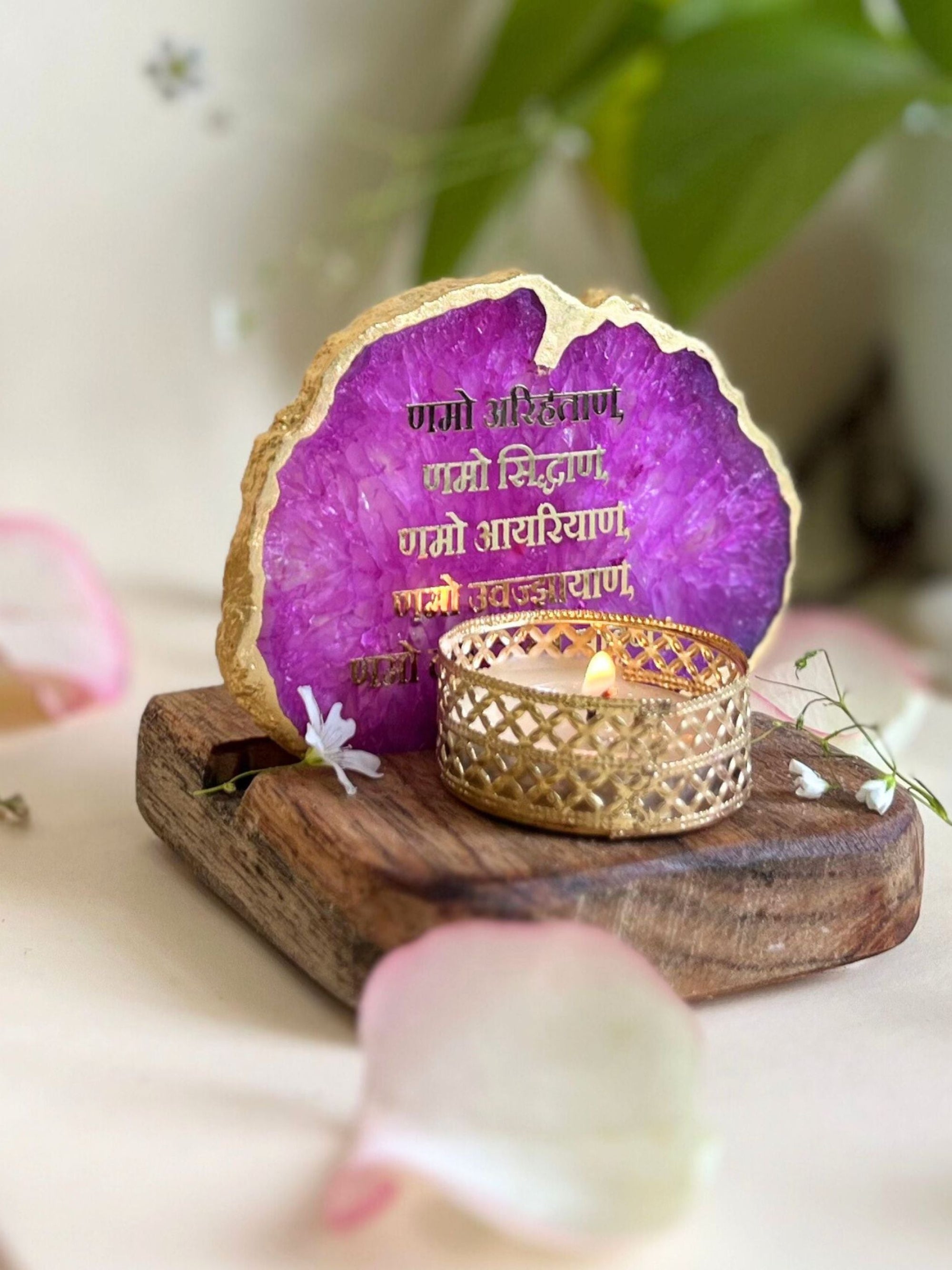 Namokar Mantra Tea Light Holder- Agate with Wood
