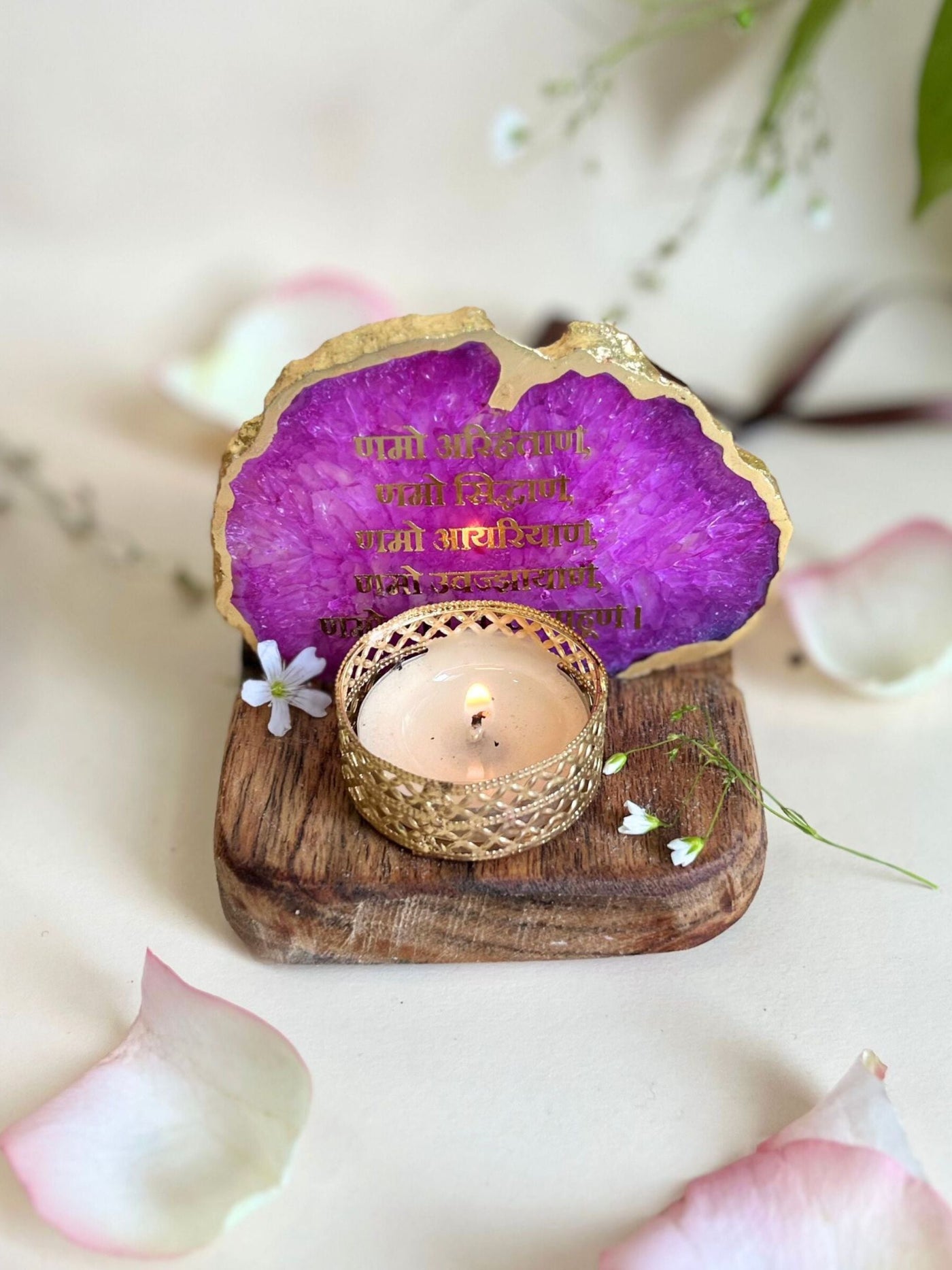 Namokar Mantra Tea Light Holder Pink Agate with Wood