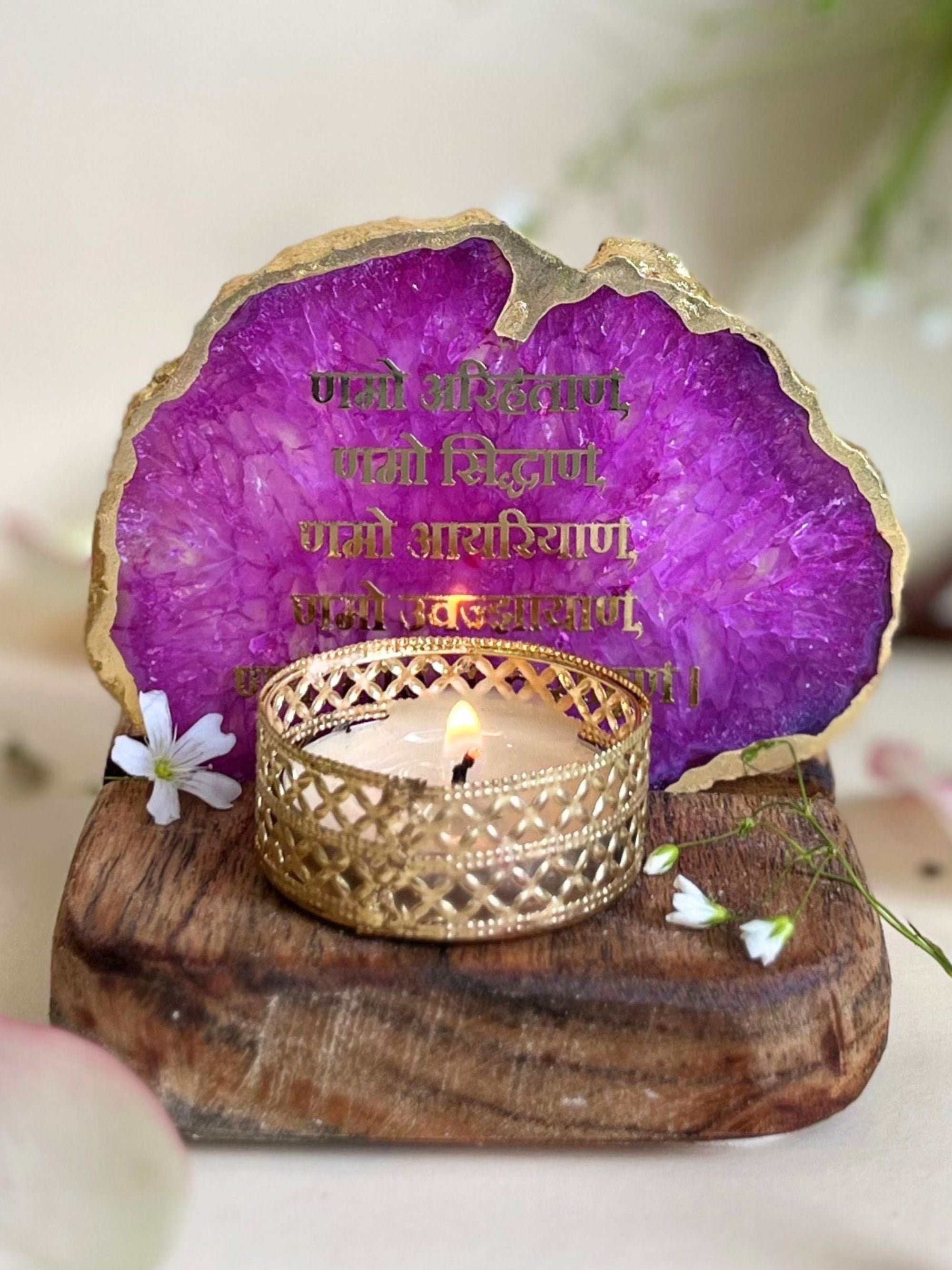 Namokar Mantra Tea Light Holder- Agate with Wood