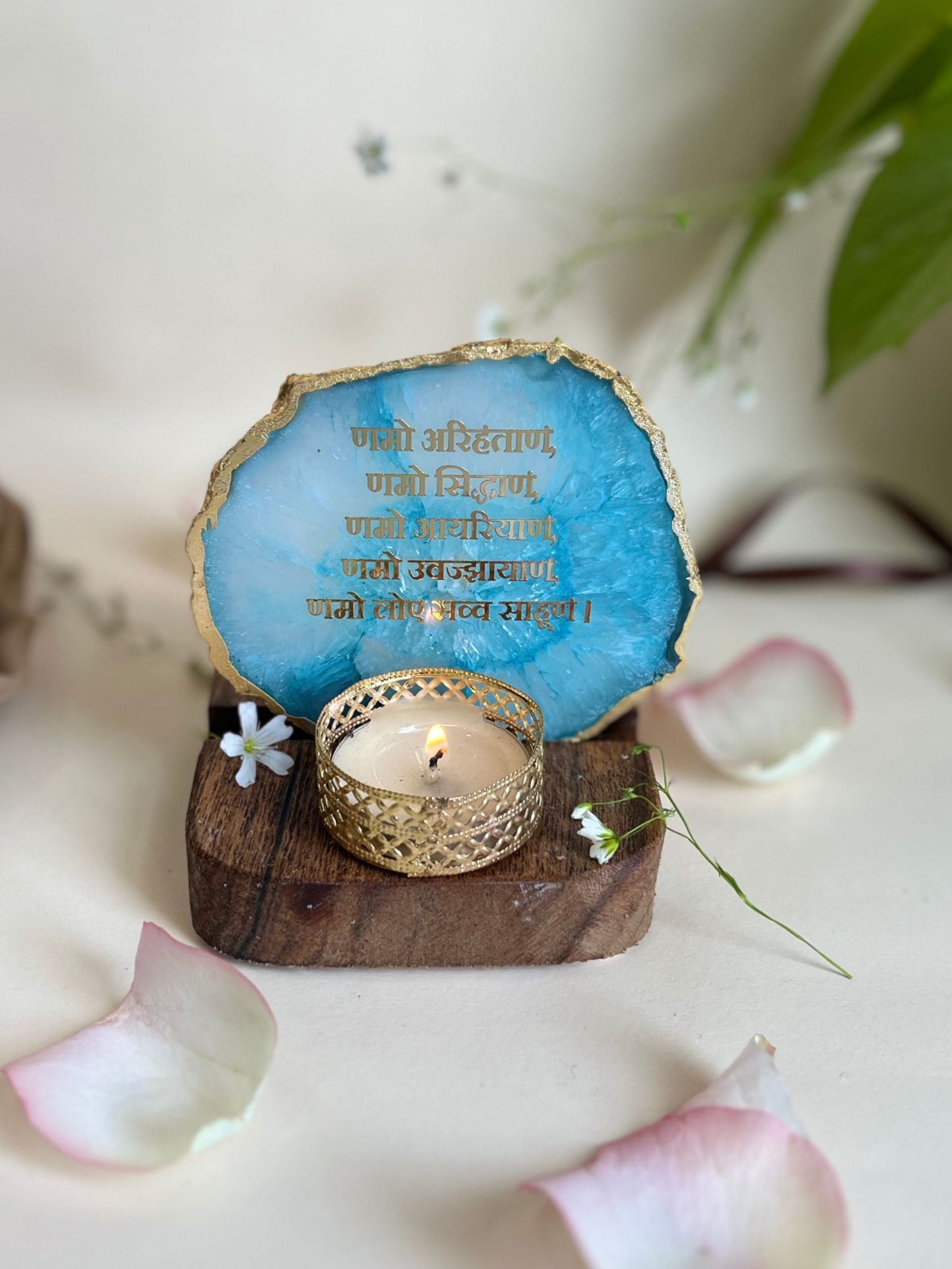 Namokar Mantra Tea Light Holder- Agate with Wood