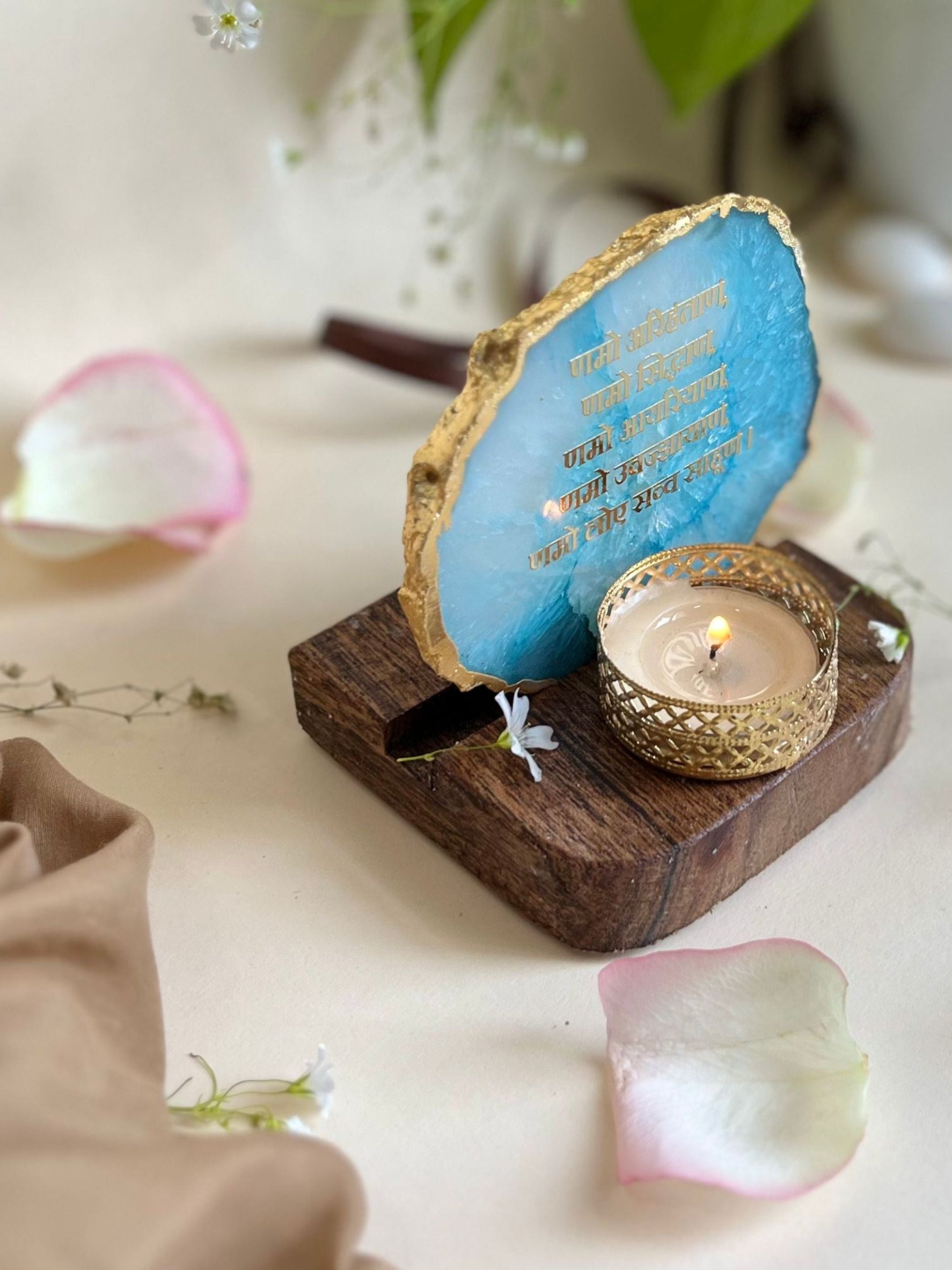 Namokar Mantra Tea Light Holder- Agate with Wood
